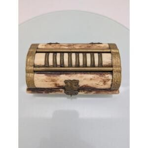 Vintage Chiseled Bone Trinket Box with Brass Trim Hinged Box India velvet